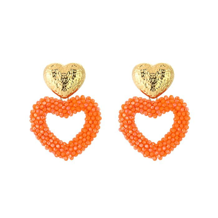 Kralen oorbellen hart oranje